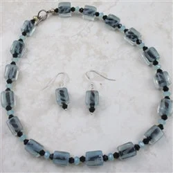 Aqua and Black Artisan Bead Necklace and Earrings