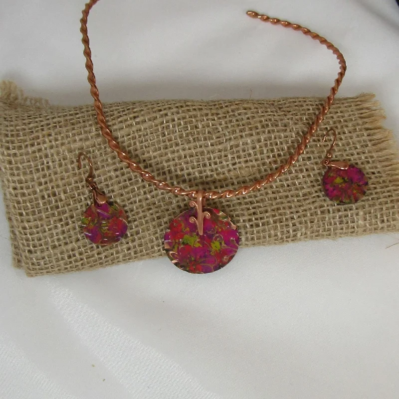 Rose Pink Patina Copper Pendant Choker Necklace &  Earrings