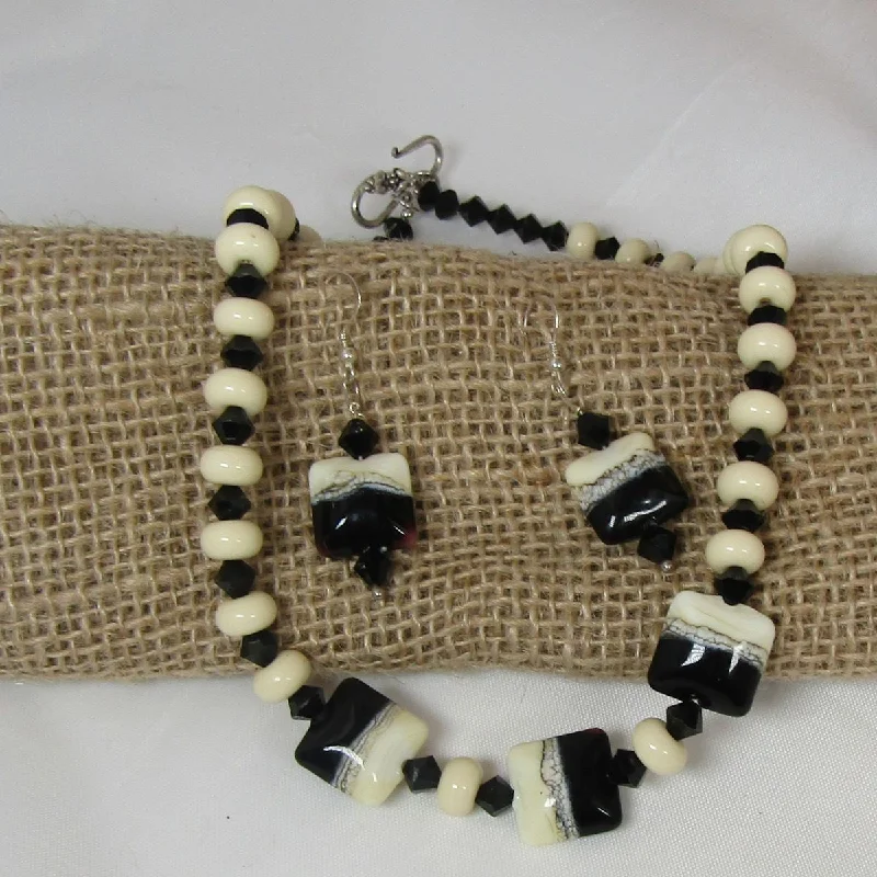 Black and Ivory Handmade Artisan Bead Necklace & Earrings