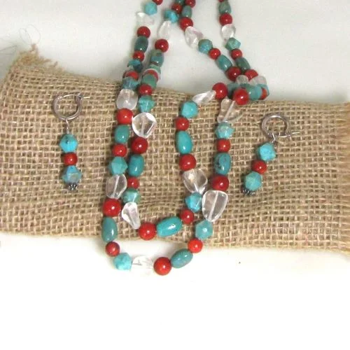 Double-strand Turquoise Nugget Necklace and Earrings