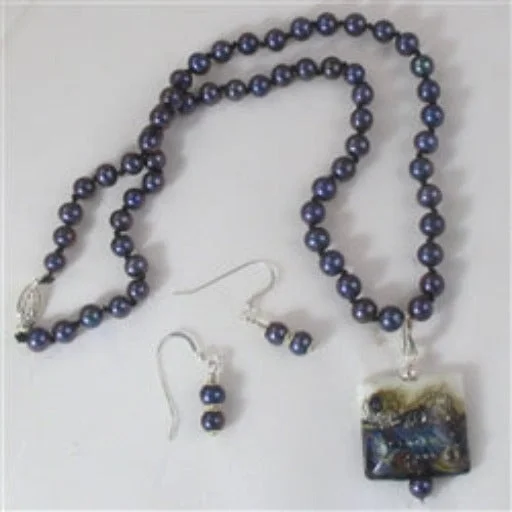 Black Pearl Necklace Handmade Pendant & Earrings