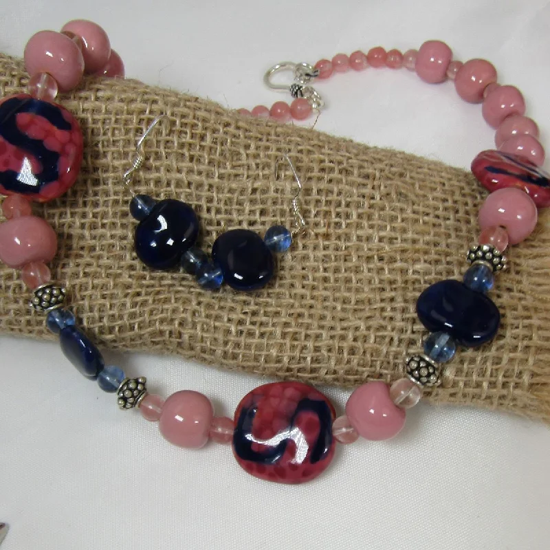 Pink & Navy African Kazuri and Quartz Necklace & Earrings