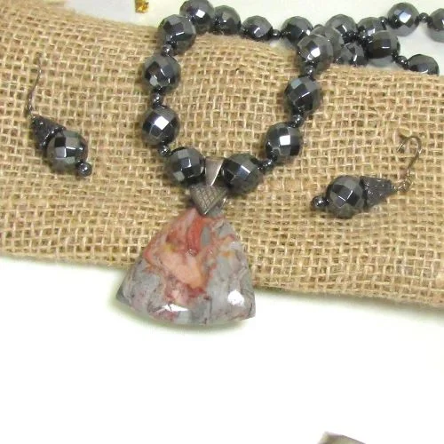 Hematite Beaded Necklace with Jasper Pendant and Earrings