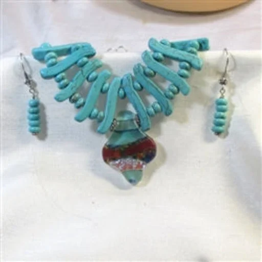 Turquoise Bib Necklace with Dichroic Pendant and Earrings