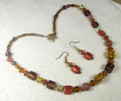 Golden Foil Glass and Jasper Beaded Necklace & Earrings