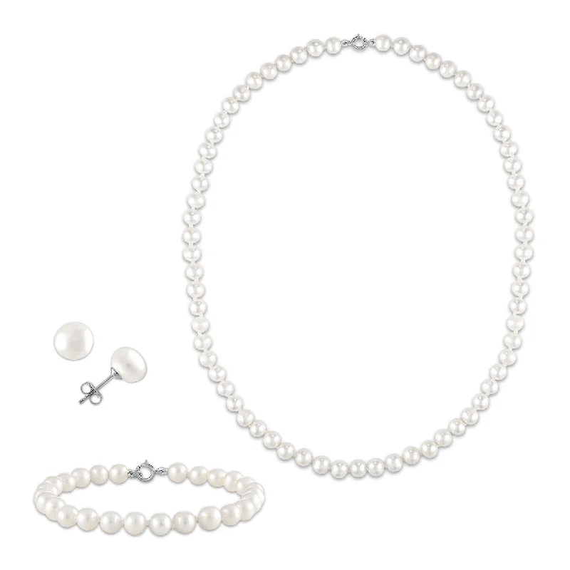 6MM Pearl Necklace Bracelet and Earrings Set in Sterling Silver