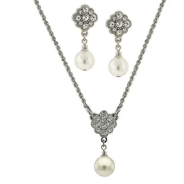 1928 Jewelry Faux Pearl And Crystal Earrings And Pendant Necklace Set