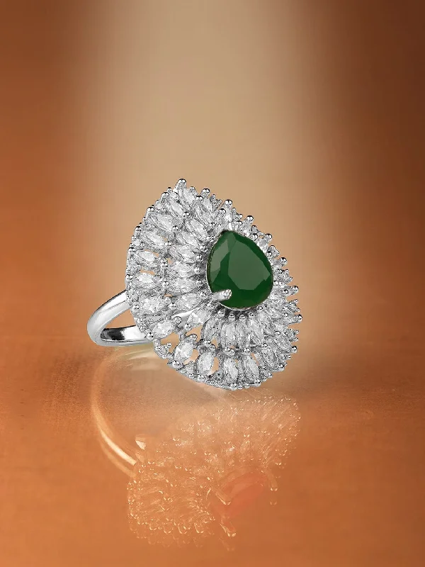 Rhodium Plated High Quality AD  Emerald Stone Studded Finger Ring