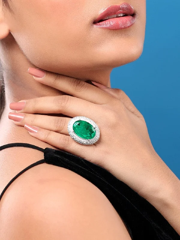 Rubans Rhodium Plated Zircons & Emerald Stone Studded Statement Ring