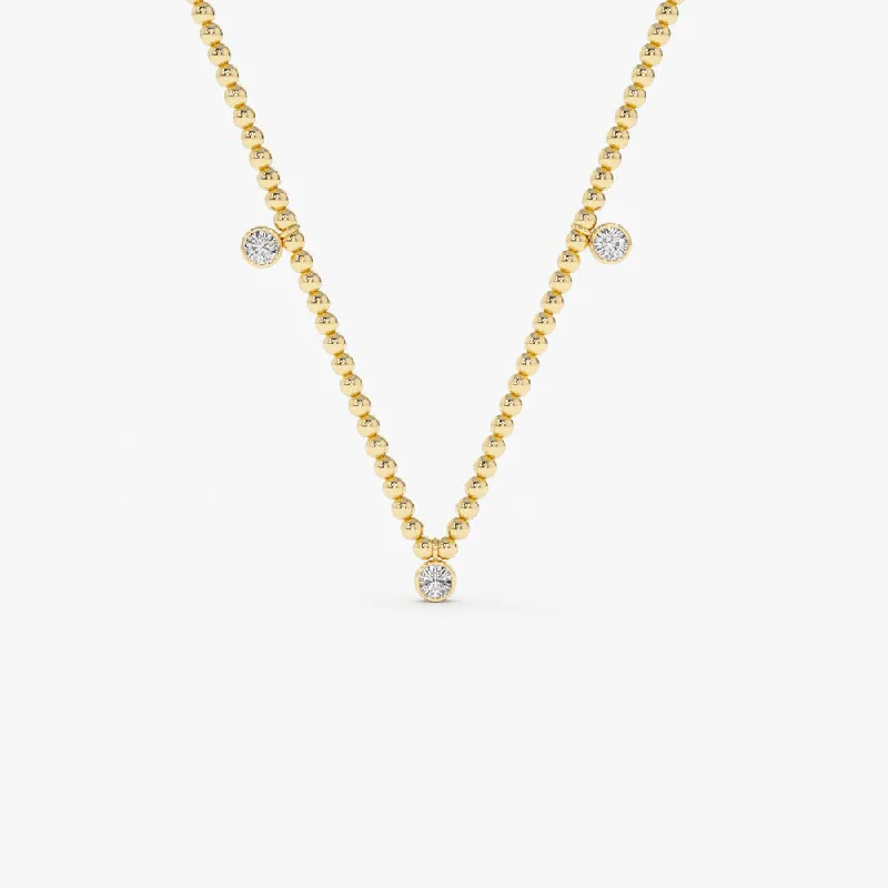 14k 2MM Bead Necklace with Dangling Bezel Setting Diamonds