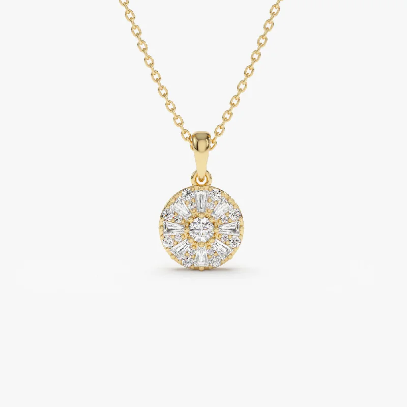 14k Baguette Diamond and Round Diamond Cluster Necklace