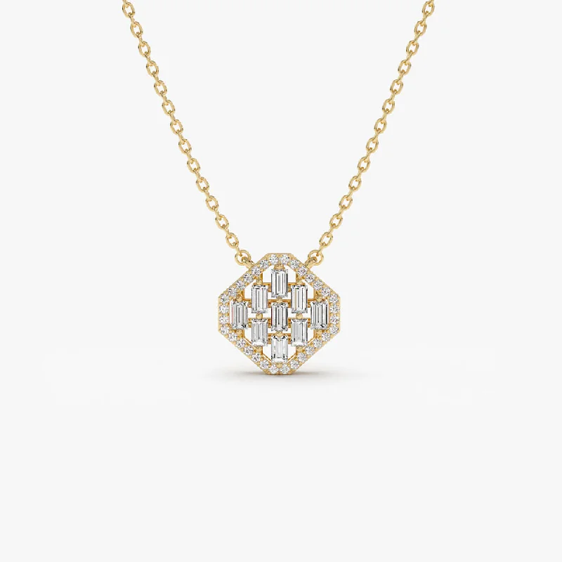 14k Baguette Diamond Necklace in Halo Setting