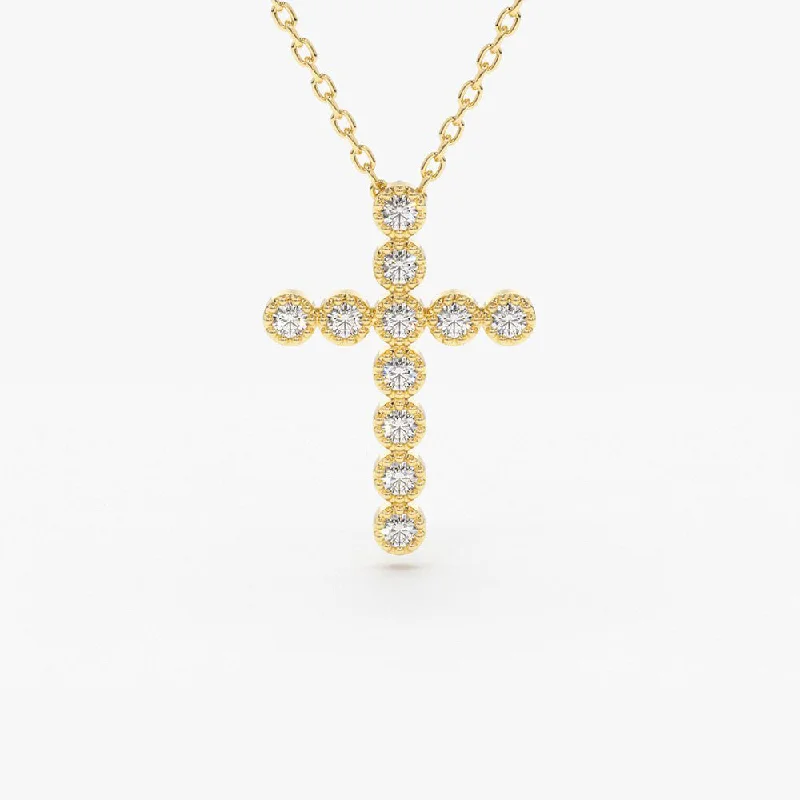 14K Gold Bezel Setting With Milgrain Diamond Cross Necklace