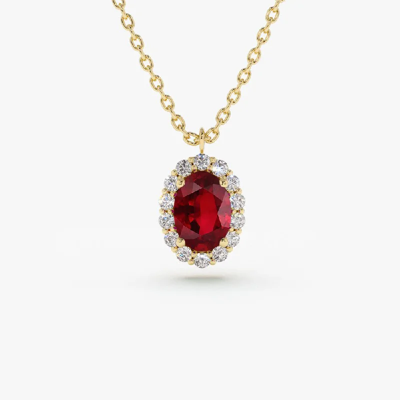 14K Gold Oval Cut Ruby Halo Diamond Necklace