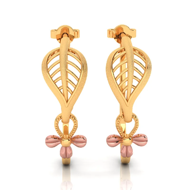 14k Dainty Earrings With Leafy Design And A Yellow Gold Flower