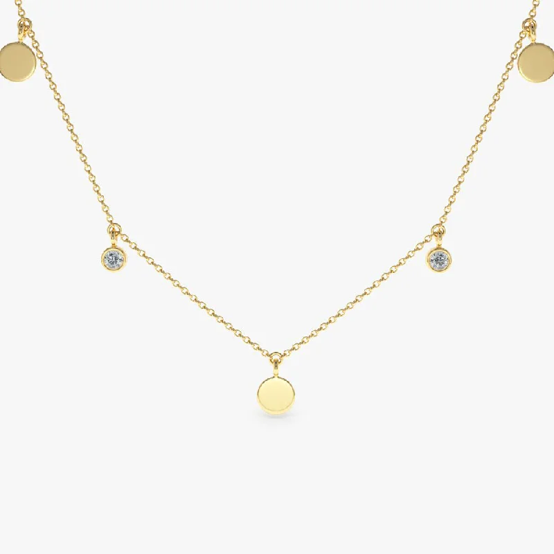 14K Gold Dangling Diamond Disc Necklace