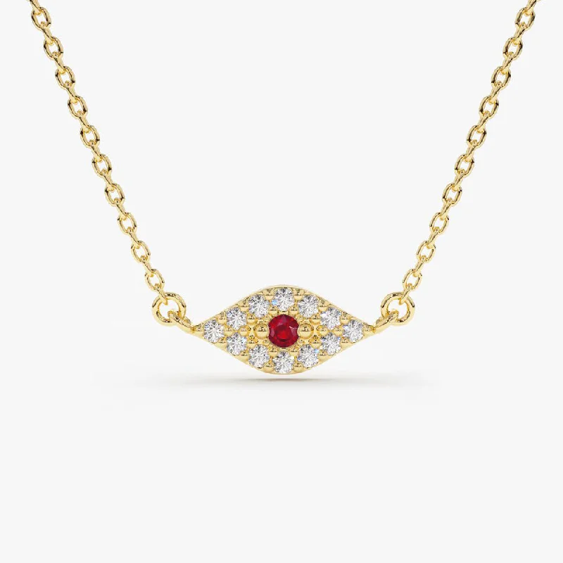 14K Gold Diamond and Ruby Evil Eye Necklace