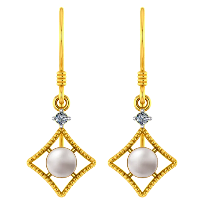 14k Diamond Shaped Gold Earrings With A Pearl And Stone Detailing