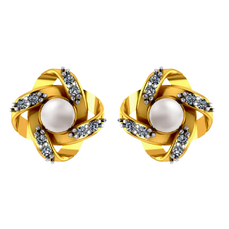 14k Floral 3d Gold Earrings With Pearl And Stone Design