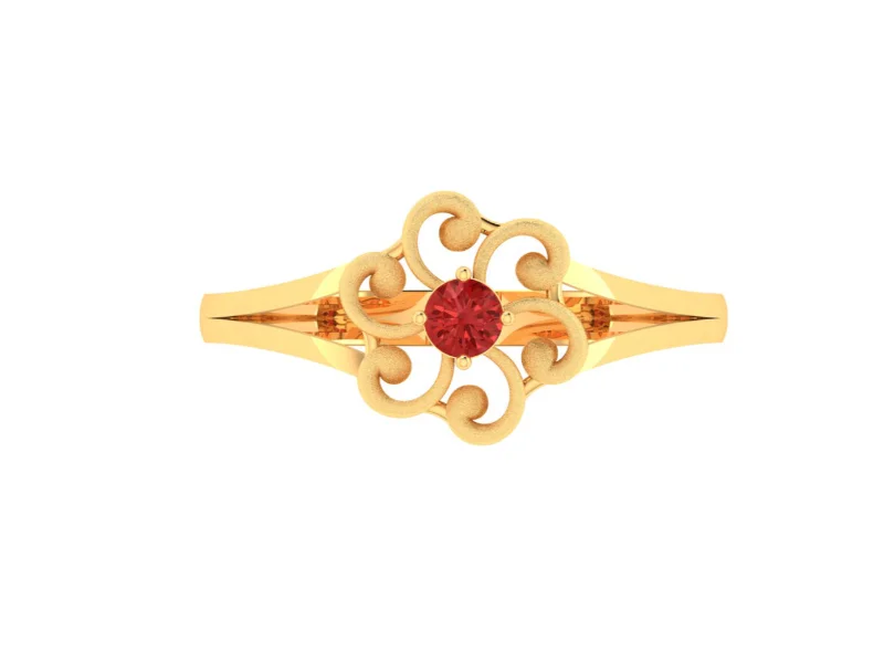 14k Floral Shape Gold Ring With A Red Stone