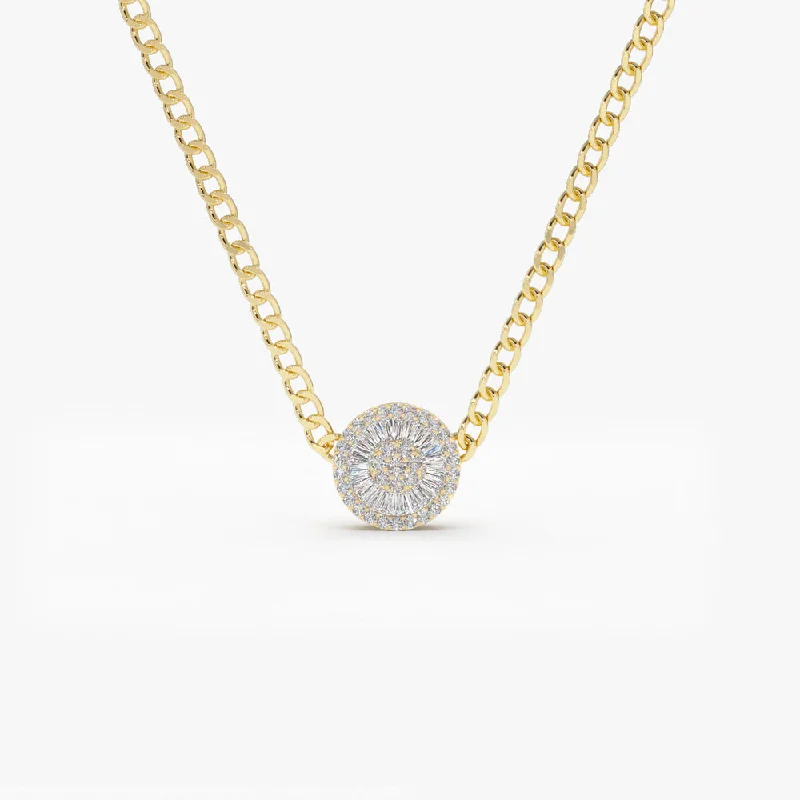 14k Gold Curb Link Baguette Diamond Disc Cluster Necklace