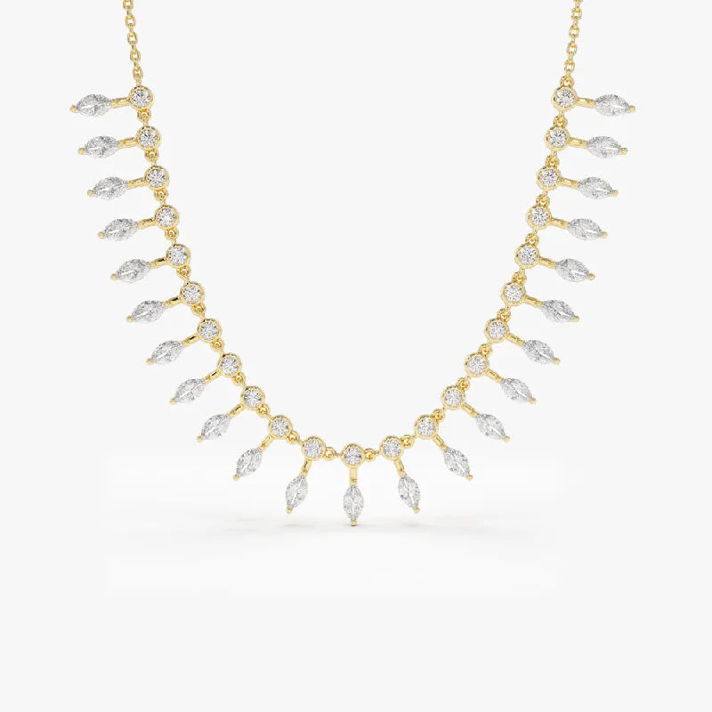 14k Gold Marquise and Round Diamonds Statement Piece Necklace