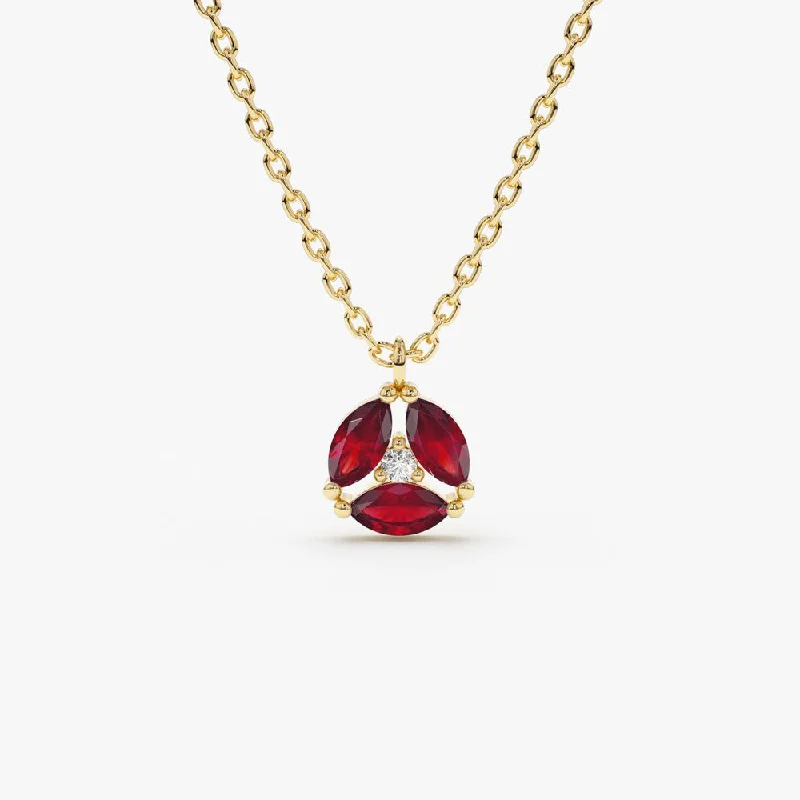 14K Gold Marquise Ruby Cluster Necklace