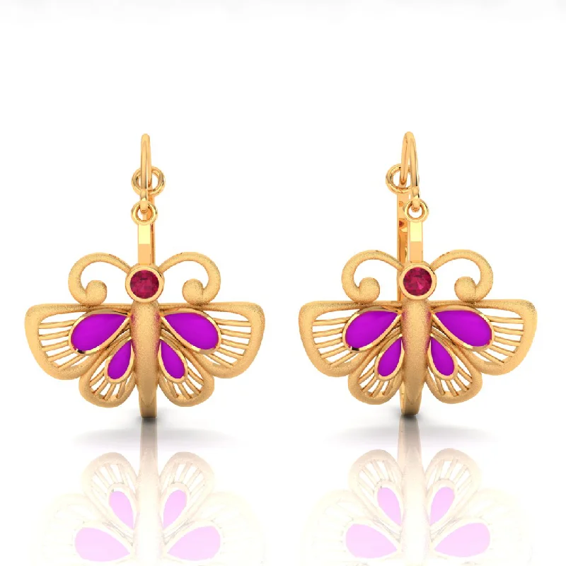 14k Minimal Gold Earrings With Butterfly Design And Purple, Red Stone