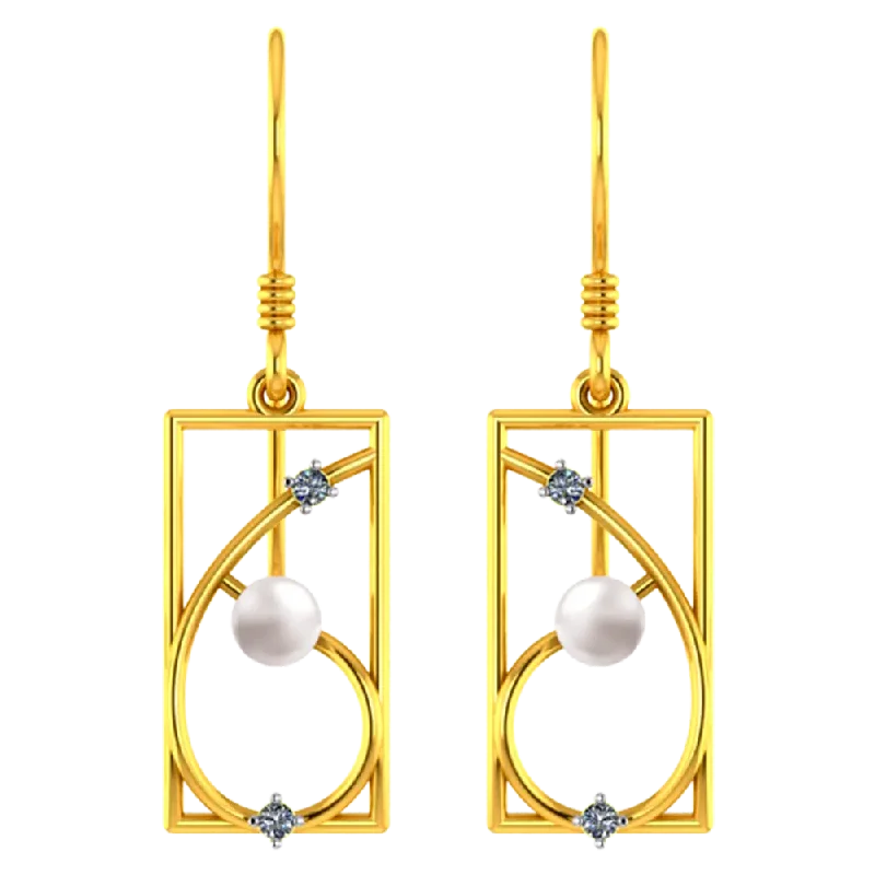 14k Rectangular Gold Earrings With Unique Design And A Pearl