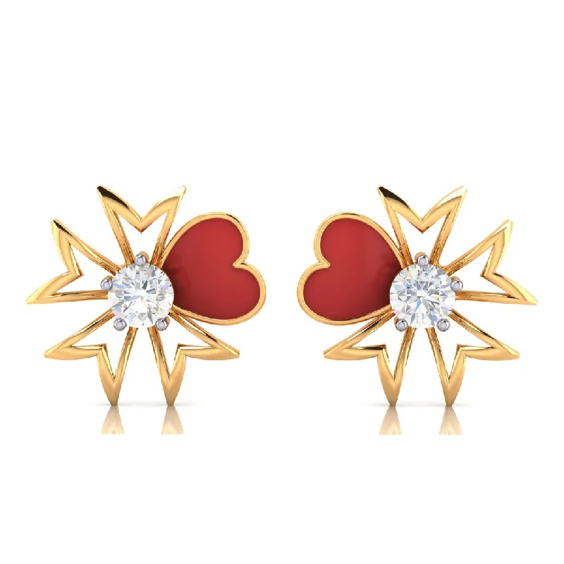 14k Red Heart Floral Design Gold Earrings With American Diamond