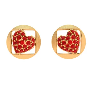 14k Red Stone Embossed Heart Themed Yellow Gold Earrings