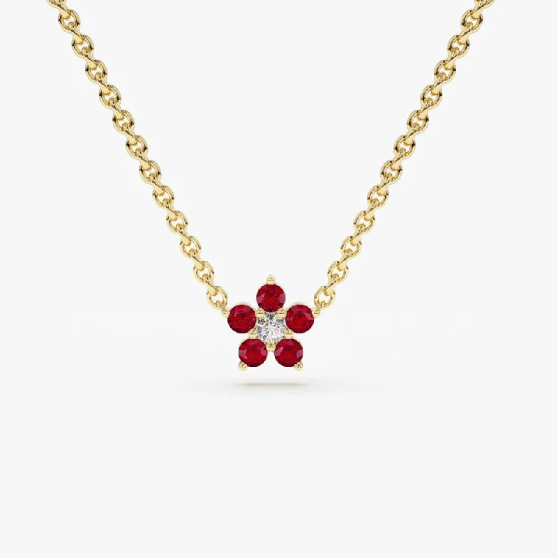 14K Ruby and Diamond Flower Charm Necklace