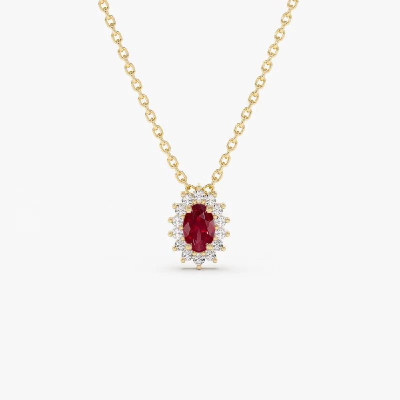 14k Ruby Necklace with Halo Diamonds