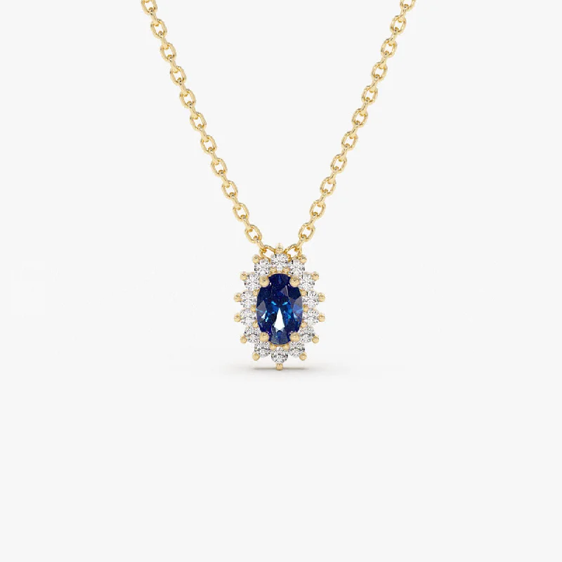 14k Sapphire Necklace with Halo Diamonds Necklace