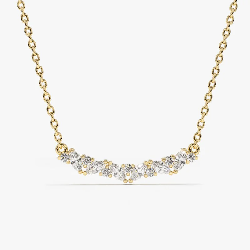 14K Gold Slanted Marquise and Round Diamond Necklace