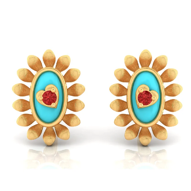 14k Sunflower Designed Gold Earrings With A Heart In The Center