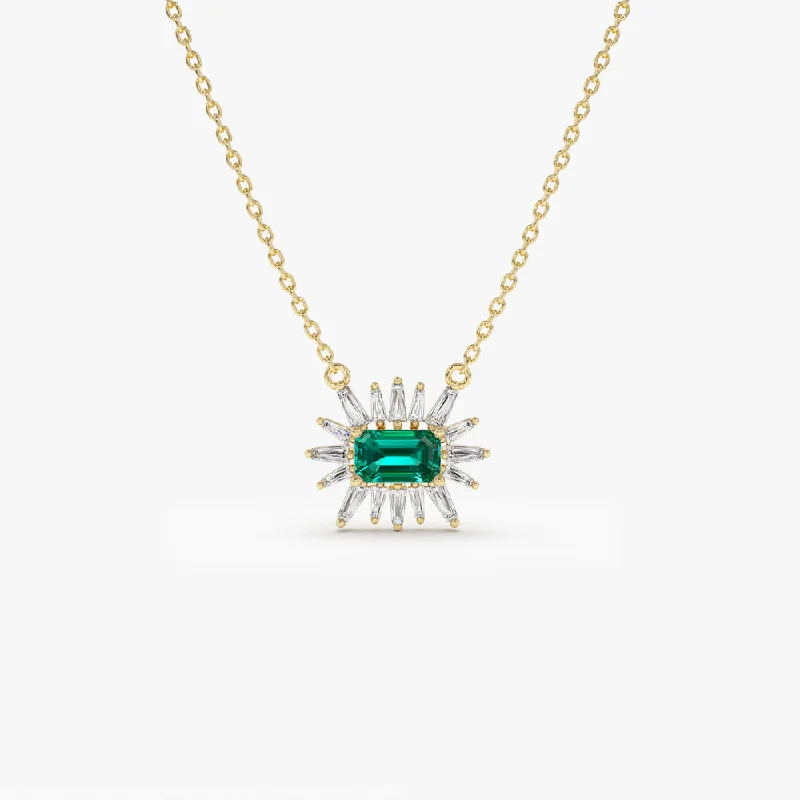 14k Tapered Baguette Diamond & Emerald Necklace