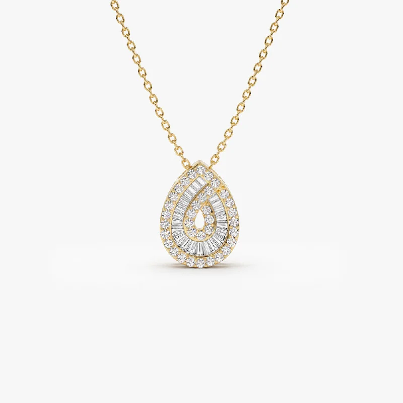 14k Teardrop Shape Baguette and Round Diamond Statement Necklace