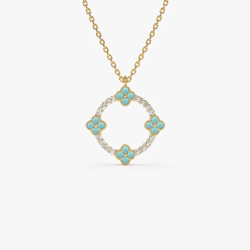 14k Turquoise and Diamond Clover Pendant Necklace