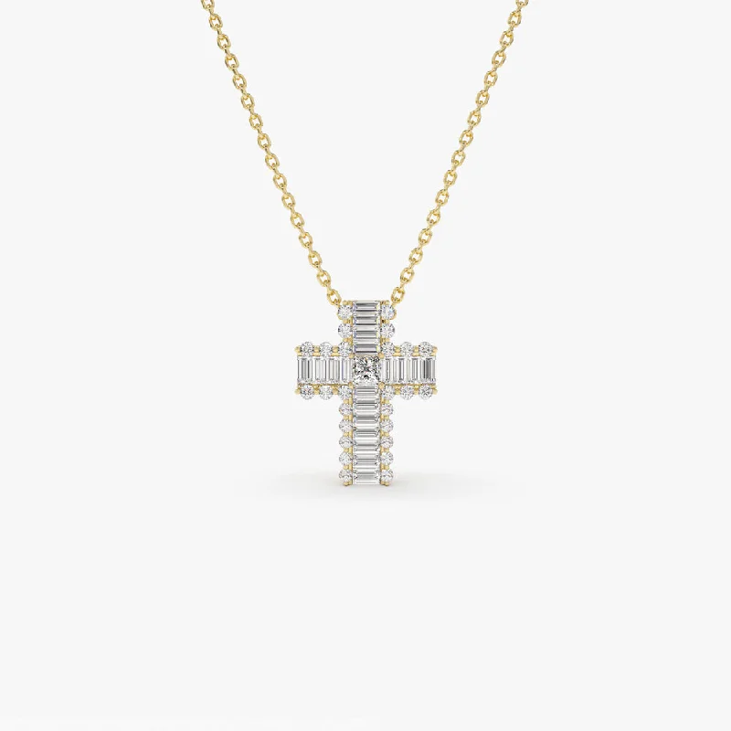 14k Unique Cross with Baguettes and Round Diamonds