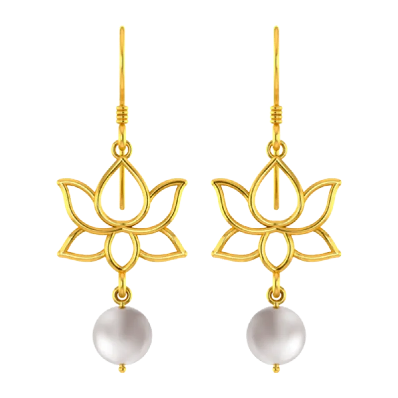 14k Unique Earrings With Gold Lotus Design And A Hanging Pearl