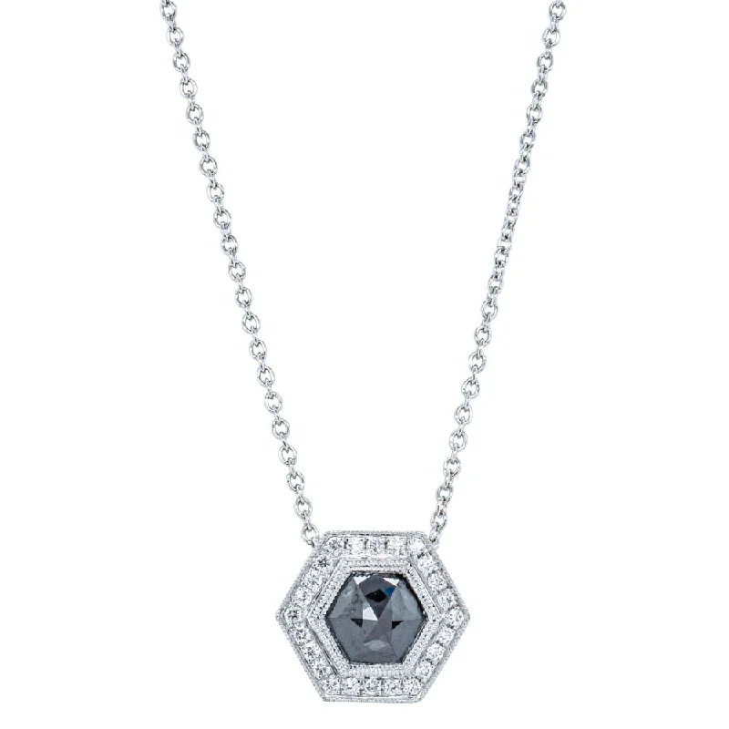 18ct White Gold Black Diamond Halo Pendant