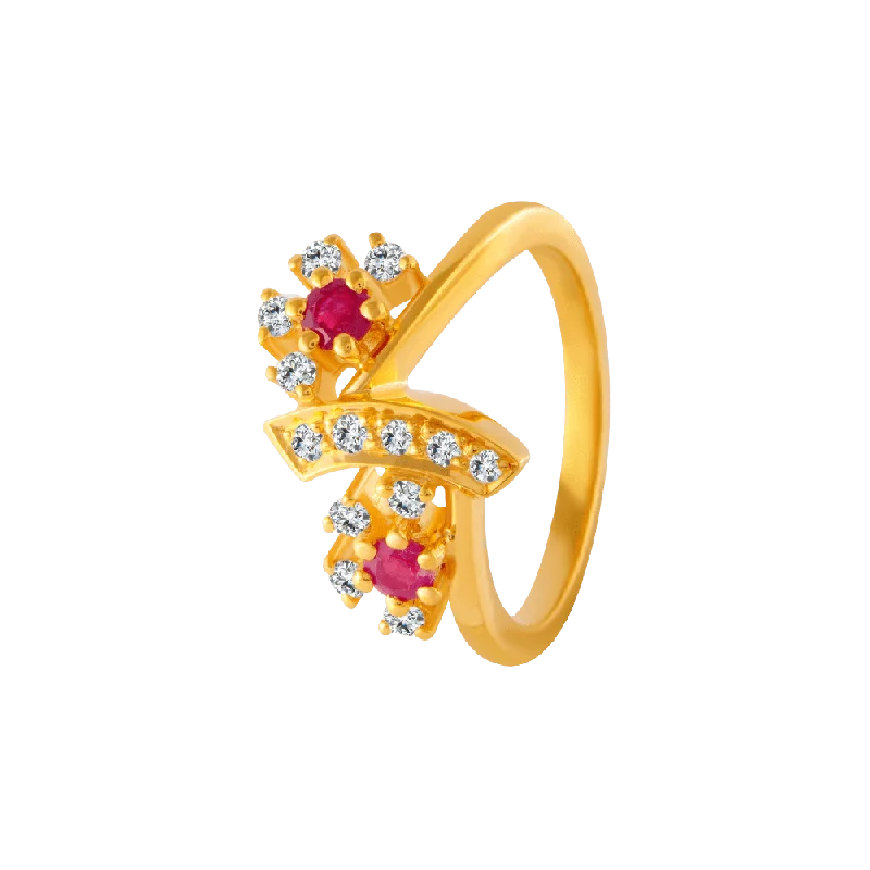 22KT Yellow Gold, American Diamond And Ruby Ring For Women