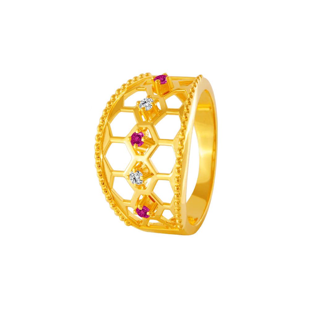 22KT Yellow Gold, American Diamond And Ruby Ring For Women