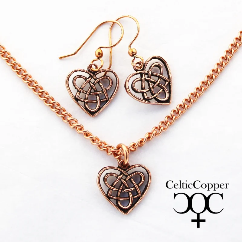 Irish Love Charm Jewelry Set Copper Necklace Chain Celtic Copper Heart Pendant Matching Earrings