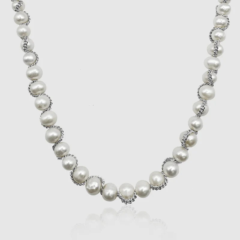 Chain Wrap Real Pearl Necklace (Silver)