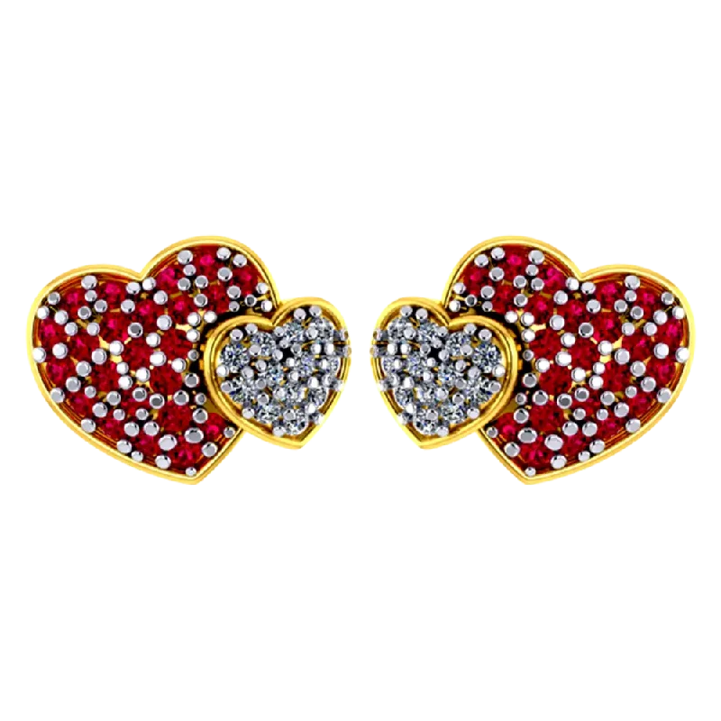 Heart-shaped 14k Gold Earrings With American Diamond And Ruby Detailing