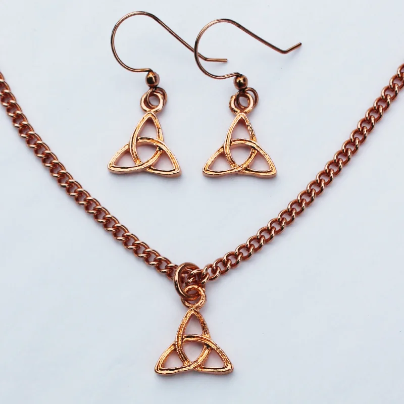 Trinity Charm Necklace Chain And Earring Set Copper Triquetra Pendant Matching Earrings