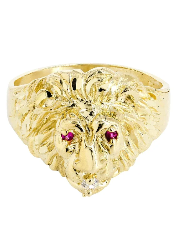 Lion & Ruby 10K Gold Mens Ring | 5.8 Grams