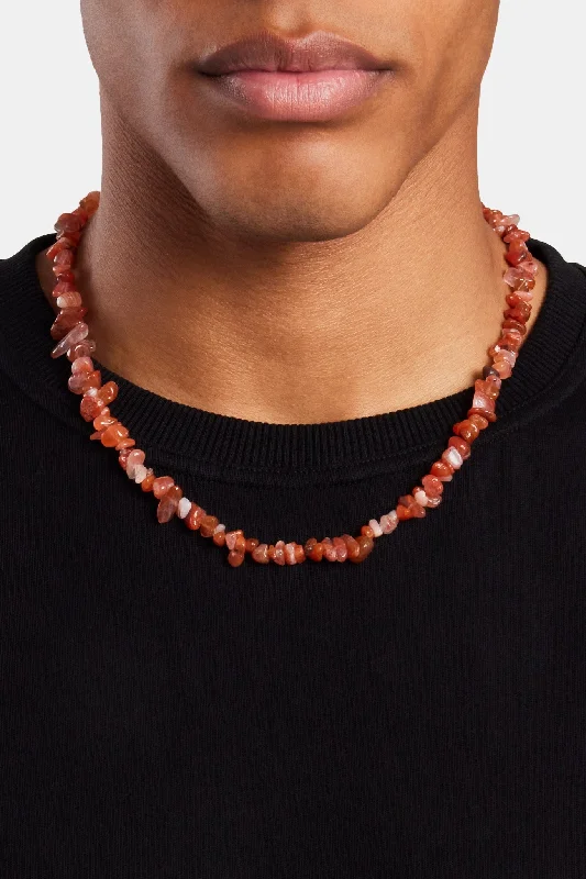 Red Agate Bead Necklace - White 8mm